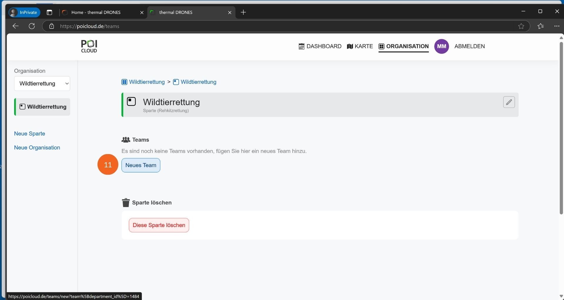 Abbildung der Spartenansicht innerhalb des Organisationsreiters der POICloud mit den Buttons "Neues Team" und "Diese Sparte löschen".