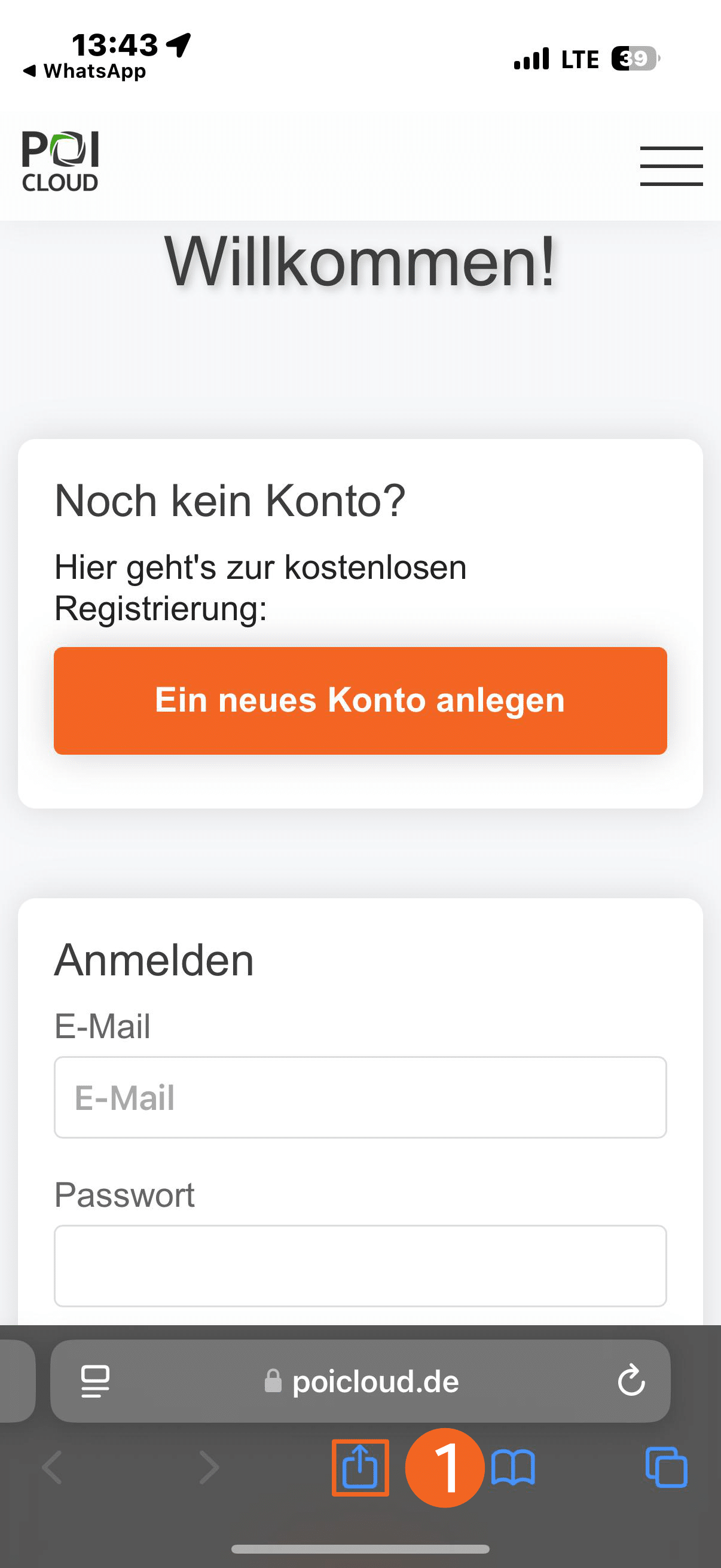 Abbildung der Startseite von POICloud auf einem iPhone im Safari-Browser. Die Schaltfläche zum Teilen, die sich unterhalb der Suchleiste befindet, ist mit einem orangefarbene Kästchen umrandet.