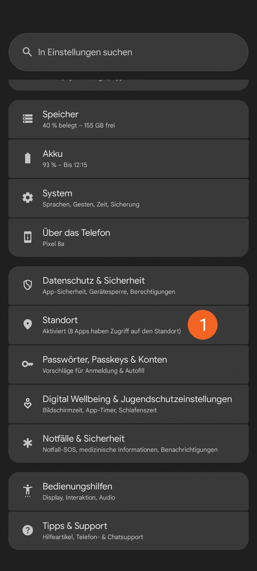 Abbildung des Einstellungsmenüs auf einem Android-Smartphone.