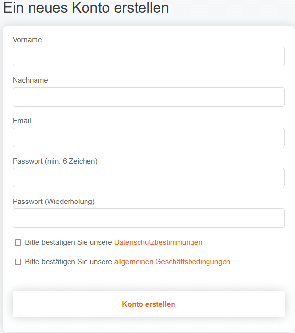 Abbildung des Menüs zur Erstellung eines neuen Kontos auf der POICloud. Darin enthalten sind diverse Textfelder zum Eintragen von Informationen sowie 2 Kästchen zur Bestätigung von Datenschutzbestimmungen und AGBs und ein Button "Konto erstellen"