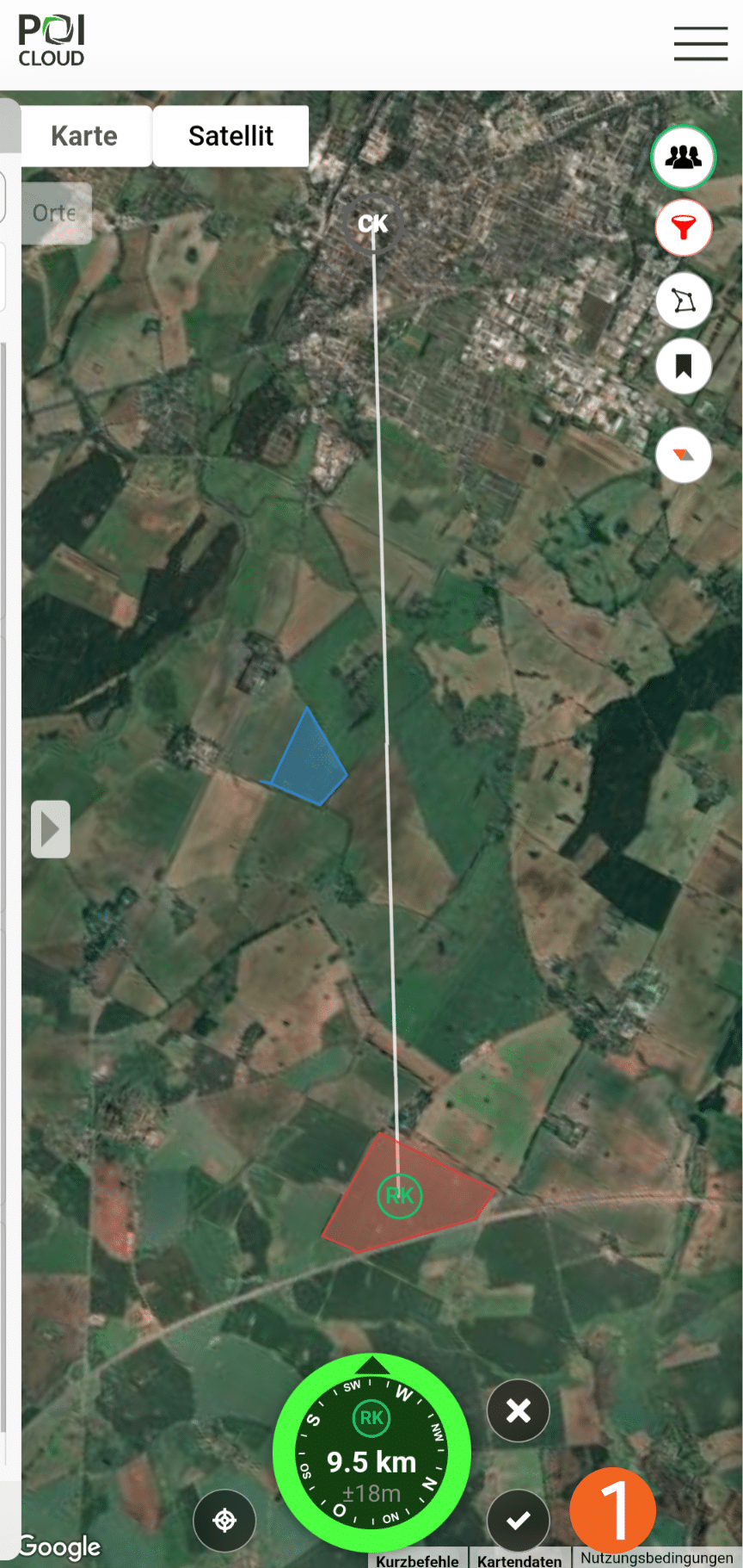 Abbildung der Kartenansicht der POIApp auf einem Smartphone. Die Navigationsfunktion ist aktiv und zwischen Standort des Nutzers und dem gewählten POI ist eine Linie gezogen. Am unteren Bildschirmrand ist eine Kompassnadel in grüner Farbe abgebildet. Diese zeigt die Richtung, die Distanz und die Genauigkeit zum ausgewählten POI an.