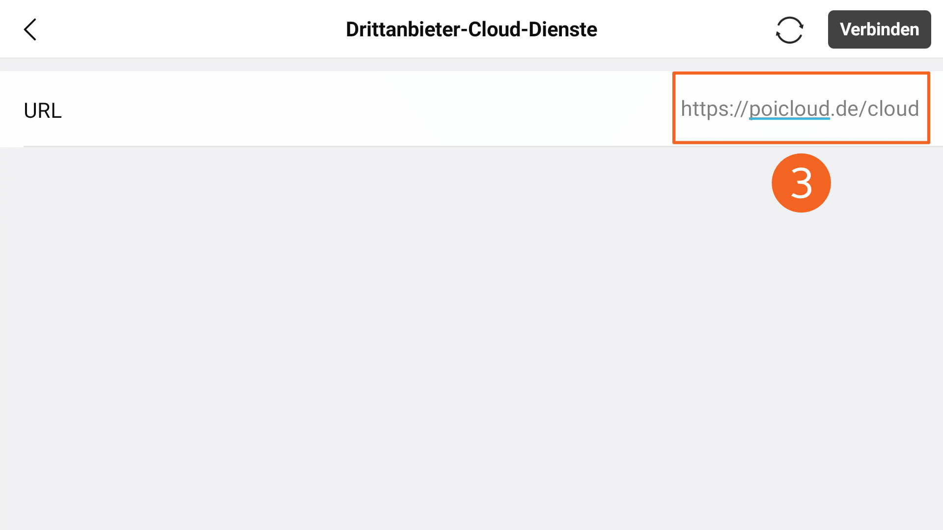 Abbildung des Menüs für Drittanbieter-Cloud-Dienste innerhalb der DJI Pilot 2 App. Dargestellt ist ein Textfeld zur Eingabe einer URL. Die eingetragene Webadresse "https://poicloud.de/cloud" ist dabei mit einem orangefarbenen Kästchen umrandet.