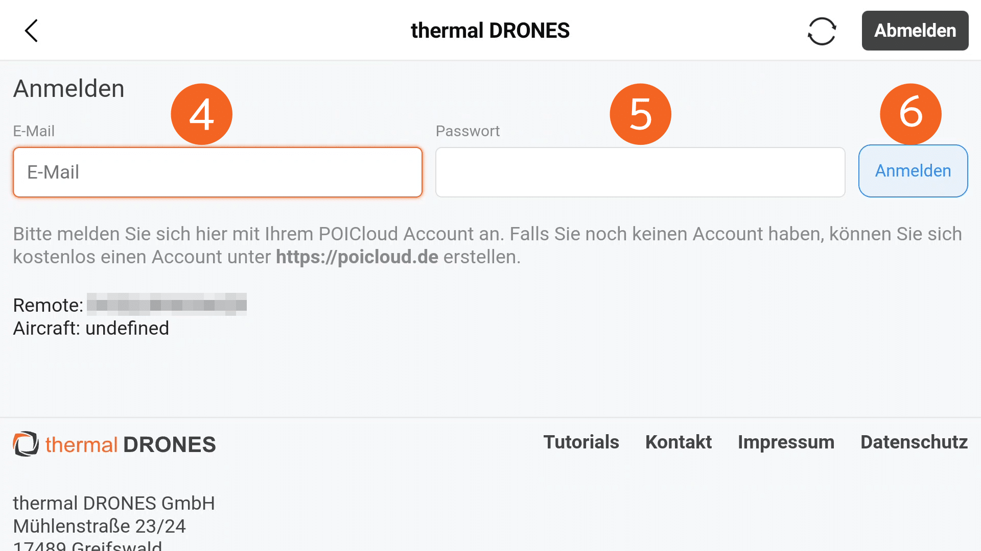Abbildung der Anmeldemaske für die POICloud im Menü für Drittanbieter-Cloud-Services innerhalb der DJI Pilot 2 App. Abgebildet sind hierbei die Eingabefelder für E-Mail und Passwort sowie der Button zum Anmelden.