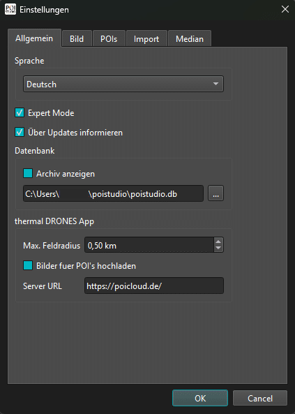 Darstellung eines Einstellungsmenüs in POIStudio zu allgemeinen Einstellungen der Anwendung.