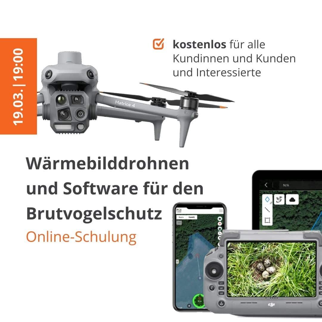 Abbildung einer Terminankündigung für eine Online-Schulung mit dem Titel "Wärmebilddrohnen und Software für den Brutvogelschutz", "Kostenlos für alle Kundinnen und Kunden und Interessierte" . Zwischen den beiden Texten ist eine DJI Matrice 4T abgebildet, die zu zwei Dritteln im Bild zu sehen ist. Links daneben befindet sich eine Datumsangabe so wie die Uhrzeit, zu der die Schulung stattgefunden hat. In der unteren rechten Bildecke ist eine Gruppe von Geräten angeordnet (Ein Smartphone, ein Drohn