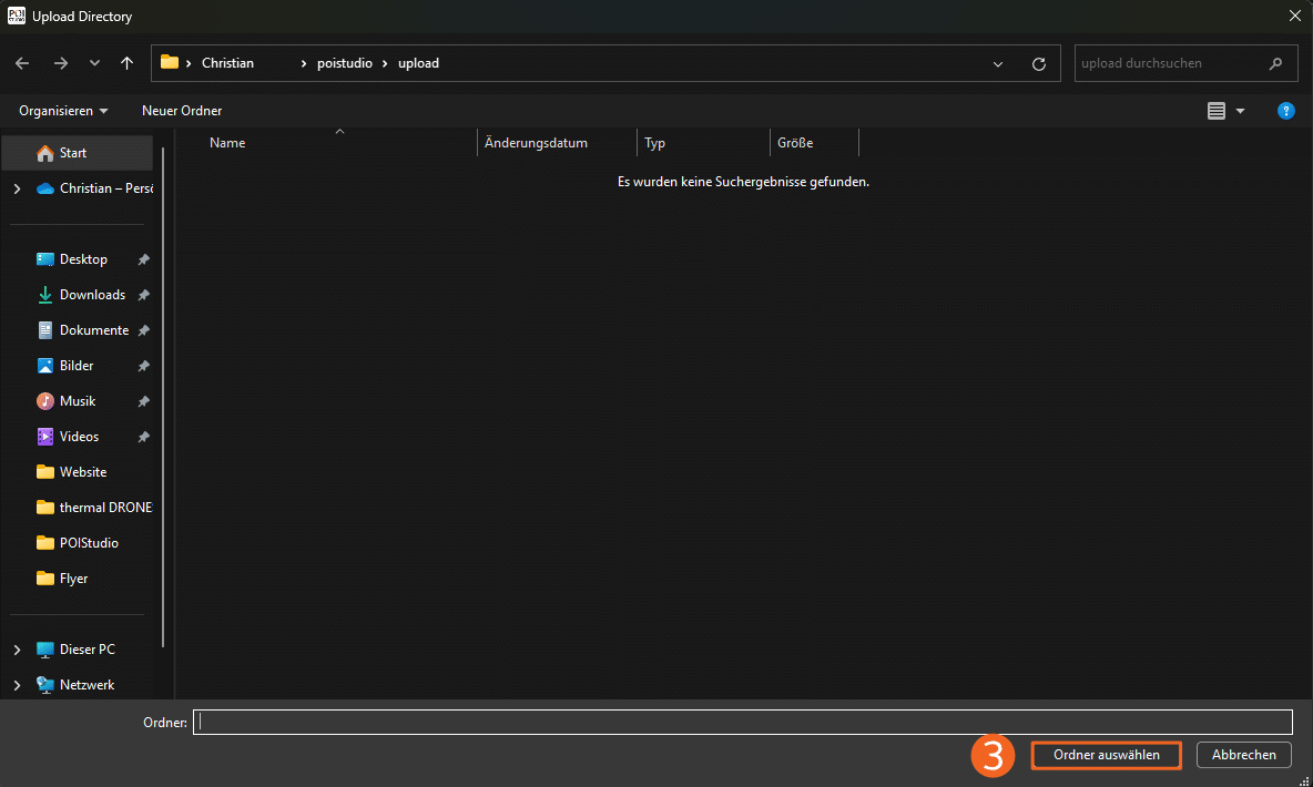 Darstellung des Upload-Verzeichnisses für Wärmebilder in POIStudio.