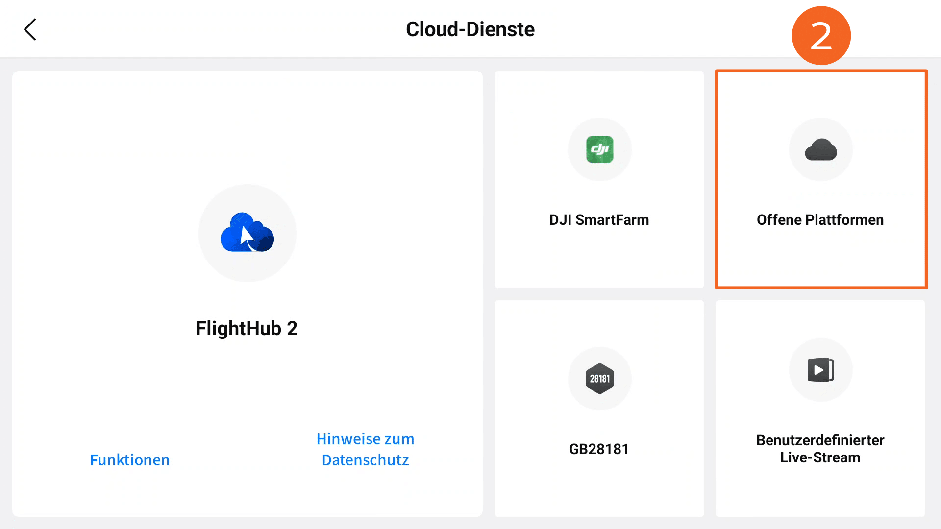 Abbildung des Menüs für Cloud-Dienste innerhalb der DJI Pilot 2 App. Der Menüpunkt "Offene Plattformen" ist mit einem orangefarbenen Kästchen umrandet.