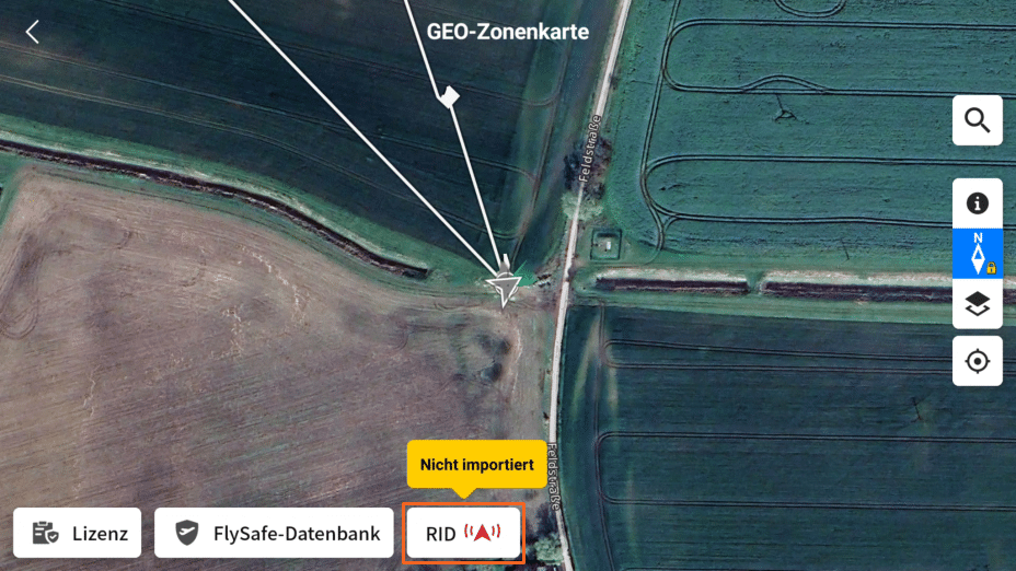 Abbildung der Geo-Zonenkarte innerhalb der DJI Pilot 2 App zur Einrichtung einer Remote-ID. Das Symbol für RID ist mit einem orangefarbenen Kästchen umrahmt, über dem der Text "Nicht importiert" auf gelbem Hintergrund steht.