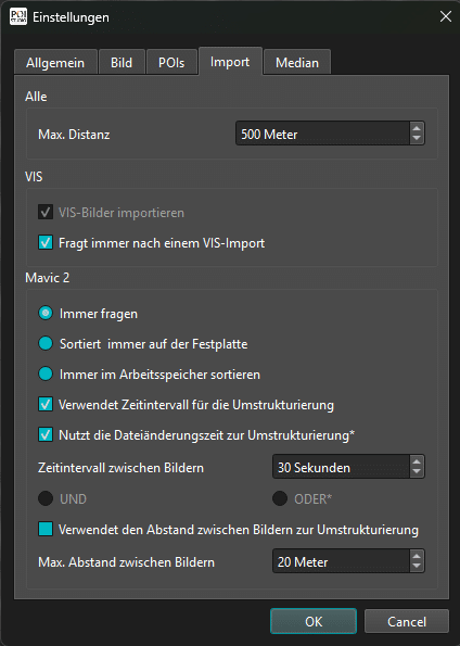 Darstellung eines Einstellungsmenüs in POIStudio zum Import von Bildern.