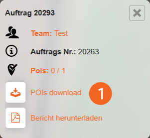 Abbildung des Auftrags-Pop-Up-Menüs innerhalb der POICloud, das bei Auswahl eines aktiven Auftrags erscheint.