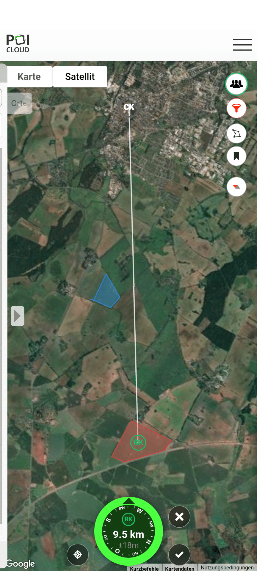 Abbildung der Kartenansicht der POIApp auf einem Smartphone. Die Navigationsfunktion ist aktiv und zwischen Standort des Nutzers und dem gewählten POI ist eine Linie gezogen. Am unteren Bildschirmrand ist eine Kompassnadel in grüner Farbe abgebildet. Diese zeigt die Richtung, die Distanz und die Genauigkeit zum ausgewählten POI an.