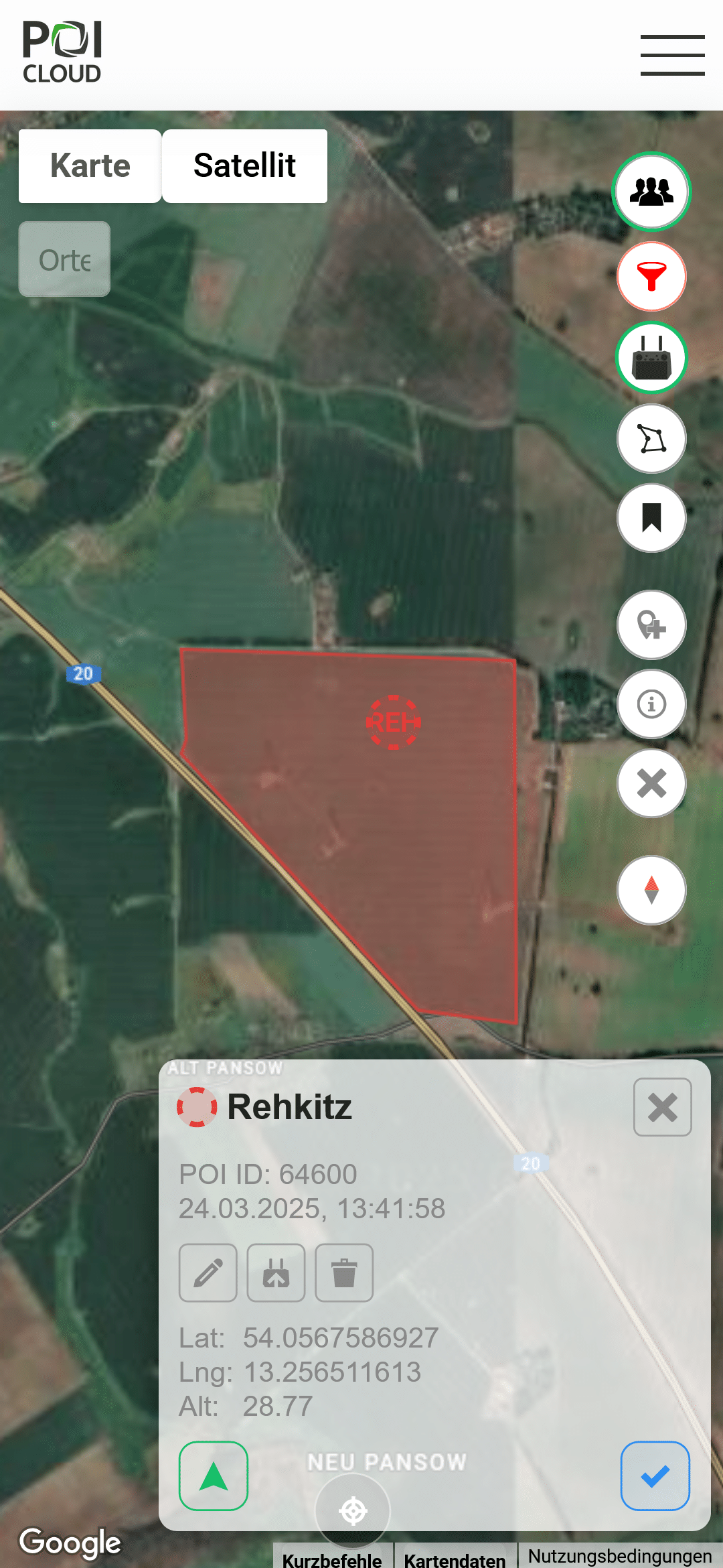 Abbildung der Kartenansicht der POIApp auf einem Smartphone. Im Bildmittelpunkt ist ein Feld mit einem roten Polygon umrandet. Auf diesem befindet sich eine rote POI-Markierung mit der Bezeichnung "REH" für "Rehkitz". Am rechten Bildschirmrand befinden sich acht Buttons mit zugehörigen Symbolen: Ein Gruppe-Symbol, ein Filter-Symbol, ein Polygon, eine Fahne, ein POI-Symbol, ein Info-Symbol, ein Kreuz und ein nach Norden zeigender Richtungspfeil. In der unteren rechten Ecke ist das POI-Menü geöffn