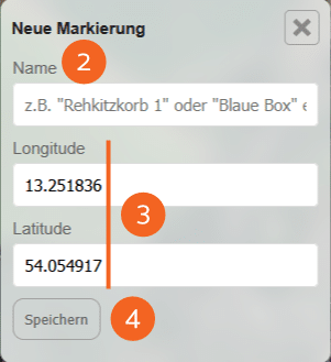 Abbildung des Pop-Up-Menüs zur Erstellung einer neuen Markierung auf der Kartenansicht der POICloud mit 3 Textfeldern zum Eintragen des Namen sowie des Längen- und Breitengrades.