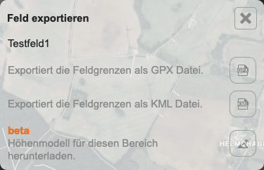 Dargestellt ist ein Menüpunkt für die Funktion des Feldexportes innerhalb der Online-Ansicht für die POICloud. Abgebildet sind 3 Textfelder mit dazugehörigem Button für den jeweiligen Download des Feldes im entsprechenden Format. Der Text lautet: "Feld exportieren", "Testfeld1", "Exportiert die Feldgrenzen als GPX Datei.", "Exportiert die Feldgrenzen als KML Date.", "beta - Höhenmodell für diesen Bereich herunterladen"