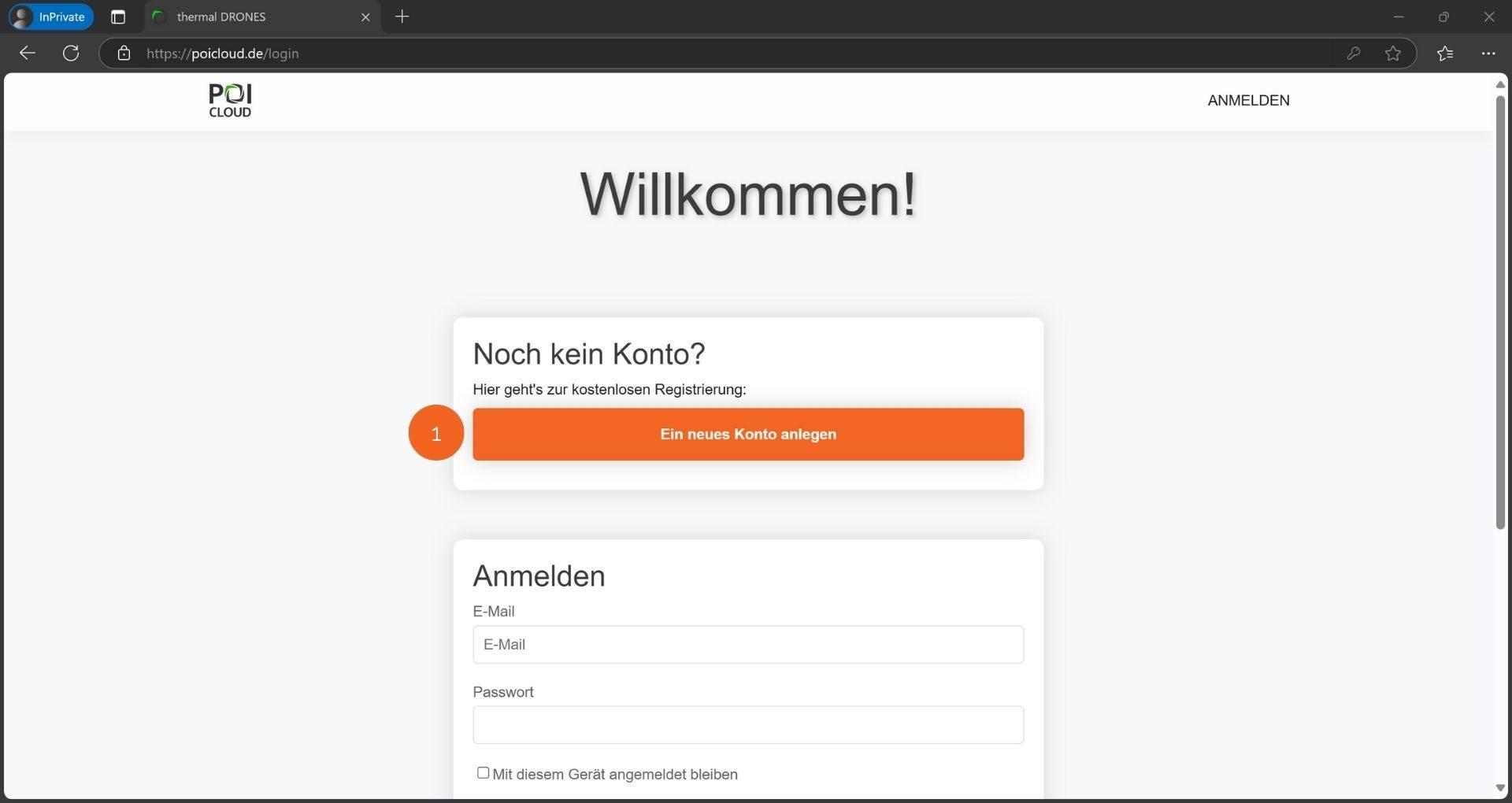 Abbildung der Startseite der POICloud. Der Button "Ein neues Konto anlegen" ist dabei hervorgehoben. Darunter befindet sich die Anmeldemaske zum Eintragen von E-Mail und Passwort.