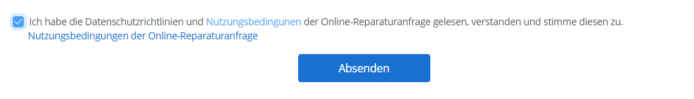 Abbildung der akzeptierten Datenschutzrichtlinien und Nutzungsbedingungen einer Online-Reparaturanfrage von DJI Maitenance. Darunter befindet sich der Button "Absenden".