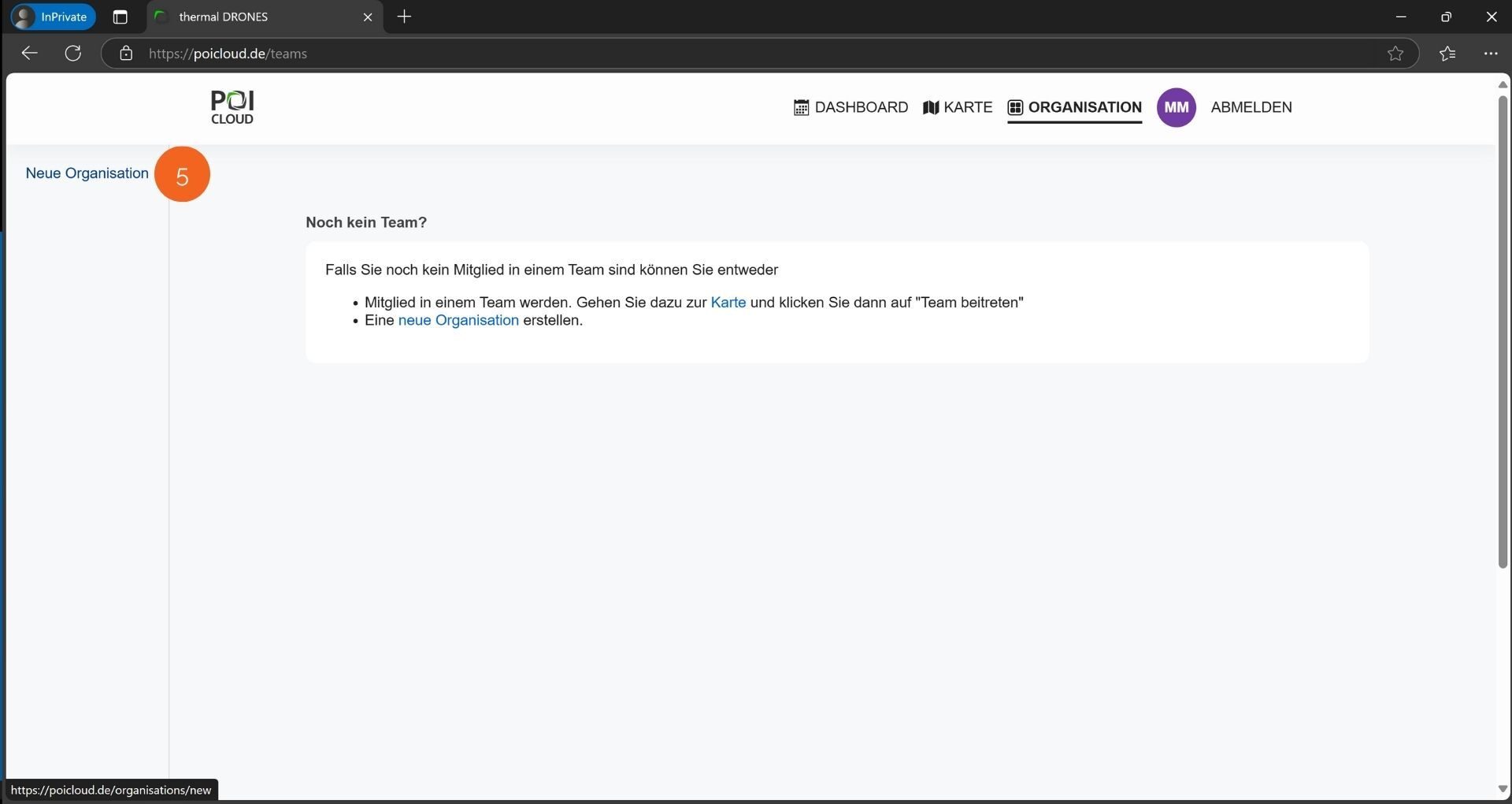Abbildung der Organsations-Ansicht des Organisations-Reiters der POICloud. Die Schaltfläche "Neue Organisation" ist dabei hervorgehoben.
