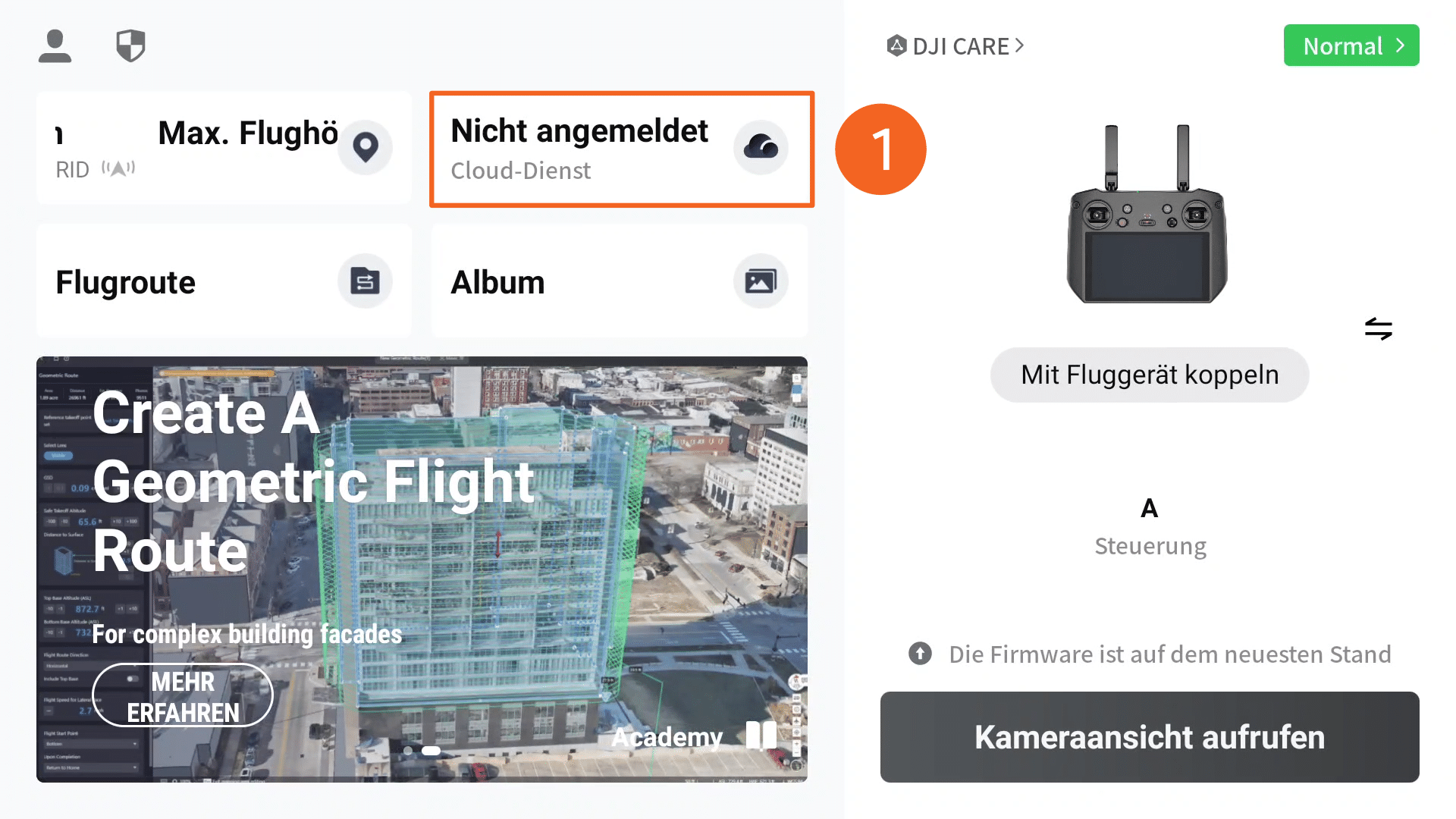 Abbildung des Hauptmenüs der DJI Pilot 2 App. Der Menüpunkt "Cloud-Dienst" mit dem Hinweis "Nicht angemeldet" ist mit einem orangefarbenen Kästchen umrandet.