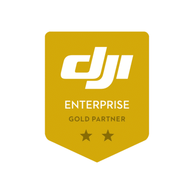 Ein goldfarbenes Logo von DJI Enterprise. Der Text "DJI Enterprise" ist in weiß gehalten. Darunter steht in einem dunklen Goldton "GOLD PARTNER". Unterhalb des Textes sind im selben dunklen Farbton zwei Sterne abgebildet.