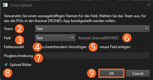Abbildung des Einstellungsmenüs zum Cloud-Upload von Wärmebildern innerhalb von POIStudio.