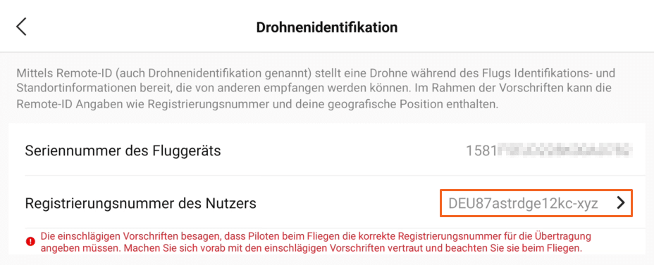 Ansicht der Menüoberfläche zur Drohnenidentifikation innerhalb der DJI Pilot 2 App auf dem Drohnencontroller zur Einrichtung der Remote-ID.