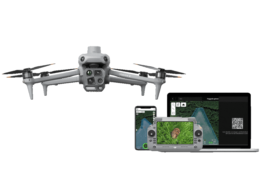Eine DJI M4T mit Controller, Laptop und Smartphone die POI Software zeigen