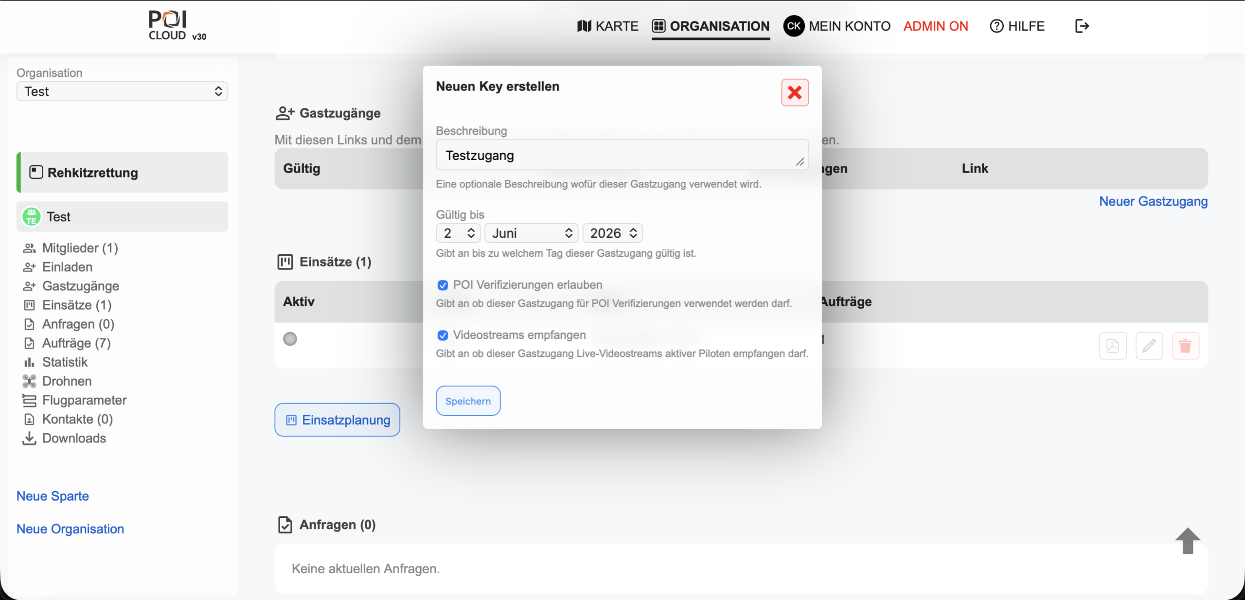 Darstellung eines Untermenüs in der POICloud zur Erstellung eines Gastzugangs
