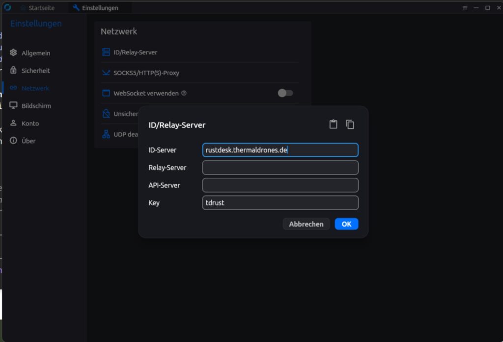 Ansicht zur Serverkonfiguration im Tool zur Fernwartung RustDesk